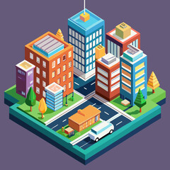 Isometric Low Poly Cartoon City Landscape Scene with Buildings and Roads