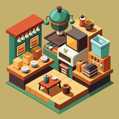 Isometric Restaurant Interior with Kitchen, Dining Area, and Modern Appliances