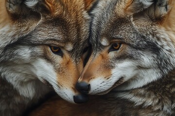 Obraz premium Two wild wolves cuddle closely in a loving embrace. Nature photography for wildlife conservation