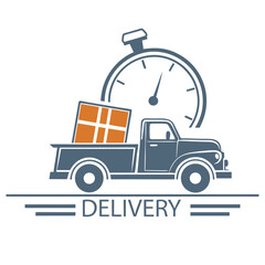 Vintage Car with a Box and Stop Watch on a White Background, Delivery