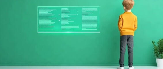 Curiosity and Education: A young boy stands before an interactive display board. With his back turned, he is drawn into a captivating educational presentation. - Powered by Adobe