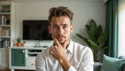 Naklejka premium Thoughtful man contemplating in a cozy living room 