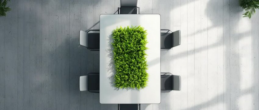 Eco-Friendly Meeting Space: A birds-eye view of a modern conference room table, with a vibrant patch of verdant plants at its center. A meeting, a collaborative.