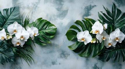 A flat lay composition of tropical leaves and delicate white orchids are elegantly arranged on a light grey background with a watercolor texture, providing ample negative space for text overlays.