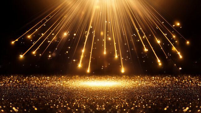Golden Fireworks Exploding on a Glittering Surface