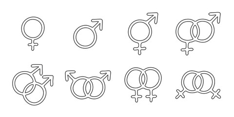 Set of hand drawn female, male and bigender gender identity icon Symbol used to represent sex and gender