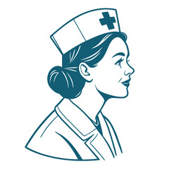 Linear Design Side View of a Nurse with Classic Uniform and Traditional Nurse's Cap