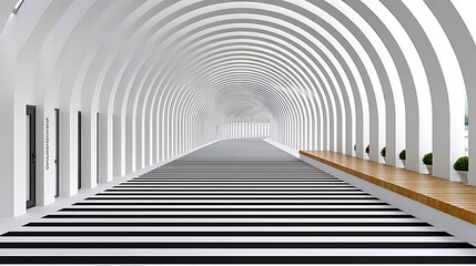 Abstract Modern Architecture Black and White Striped Corridor with Archways and Wooden Bench