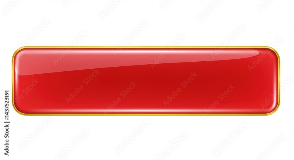 Poster a glossy red rectangular button with rounded corners and a gold border on a white background