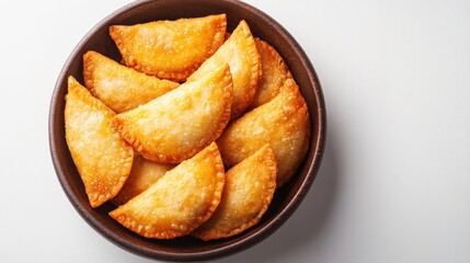 Freshly Made Crispy Golden Fried Dumplings in a Bowl on White Background
