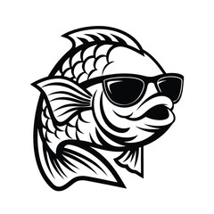 Cool Fish with Sunglasses Icon, Stylized Black & White Mascot