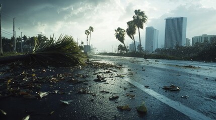 Hurricane leaving fallen palm trees and debris on wet asphalt road