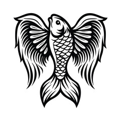 Elegant Fish with Feathered Fins, Monochrome Outline Style, Intricate Design, Fauna Icon