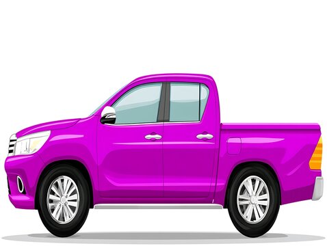 A vibrant magenta pickup truck with black wheels and chrome accents