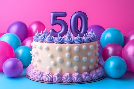 Fiftieth birthday cake with pastel frosting, surrounded by balloons