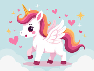 Flat vector illustration of a cute unicorn with colorful mane and white wings, flying happily among pink hearts and golden stars on a pastel blue background. Perfect for kids' products, nursery prints