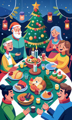 Fototapeta premium Vector de caricatura de una familia numerosa celebrando una cena festiva con comida deliciosa, rodeada de un árbol de Navidad decorado. Familiares alegres reunidos alrededor de una mesa festiva.