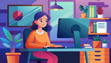 Ilustraci&oacute;n vectorial de una mujer joven que trabaja de forma remota en un escritorio con un monitor de computadora en una acogedora oficina hogare&ntilde;a, resaltando el estilo de vida independiente.