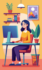 Fototapeta premium Ilustración vectorial de una mujer joven que trabaja de forma remota en un escritorio con un monitor de computadora en una acogedora oficina hogareña, resaltando el estilo de vida independiente.