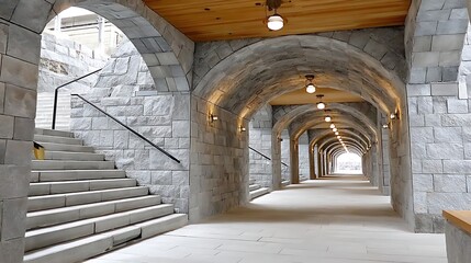 Elegant Stone Archway Pathway with Staircase Modern Architecture Light Grey Walls