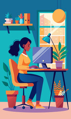 Ilustración vectorial de una mujer joven que trabaja de forma remota en un escritorio con un monitor de computadora en una acogedora oficina hogareña, resaltando el estilo de vida independiente.