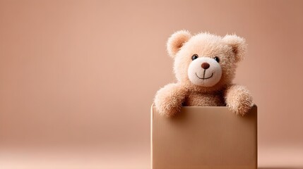 Cute teddy bear peeking out of a box against a soft backdrop