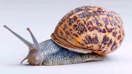 Close-Up of a Snail with Detailed Shell and Tentacles on White Surface