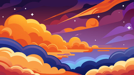 星が並ぶ魔法のようなアニメ風の夜空、オレンジと紫の雲、そしてファンタジーのテーマにぴったりの気まぐれな雲の風景。