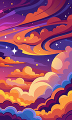 星が並ぶ魔法のようなアニメ風の夜空、オレンジと紫の雲、そしてファンタジーのテーマにぴったりの気まぐれな雲の風景。