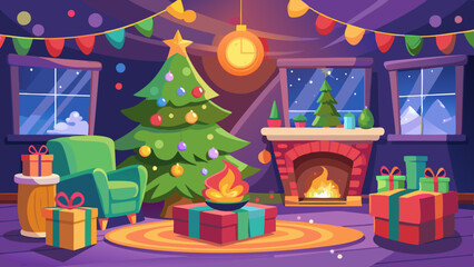 Obraz premium Cozy cartoon vector of a decorated Christmas living room with a fireplace, tree, and gifts. Festive interior with holiday decorations creating a warm atmosphere.