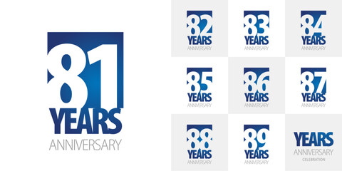 Logo collections for the 8th decade anniversary. Creative design emblems with negative space numbers blue white background for celebration event, invitation, greeting, web template, leaflet