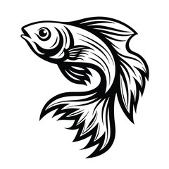 Ornamental Betta Fish Icon, Decorative Silhouette, Black and White Elegant Aquatic Animal