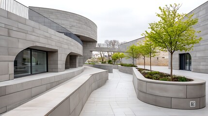 Modern Architectural Design Grey Stone Building Exterior with Landscaping and Pathway