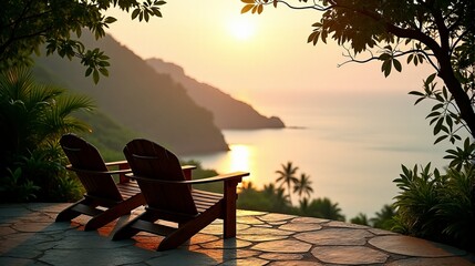 Fototapeta premium Tropical Twilight Relaxation Chairs Silhouetted Against Sunset