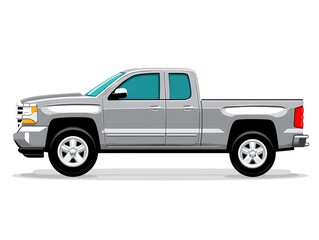 Silver pickup truck, side profile view, isolated on white