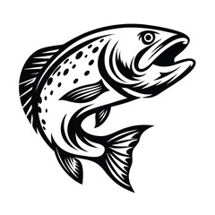 Leaping Spotted Trout Black and White Silhouette of Fish Jumping Isolated on White