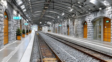 Obraz premium Modern Train Station Platform Stone Architecture Railway Tracks Public Transportation