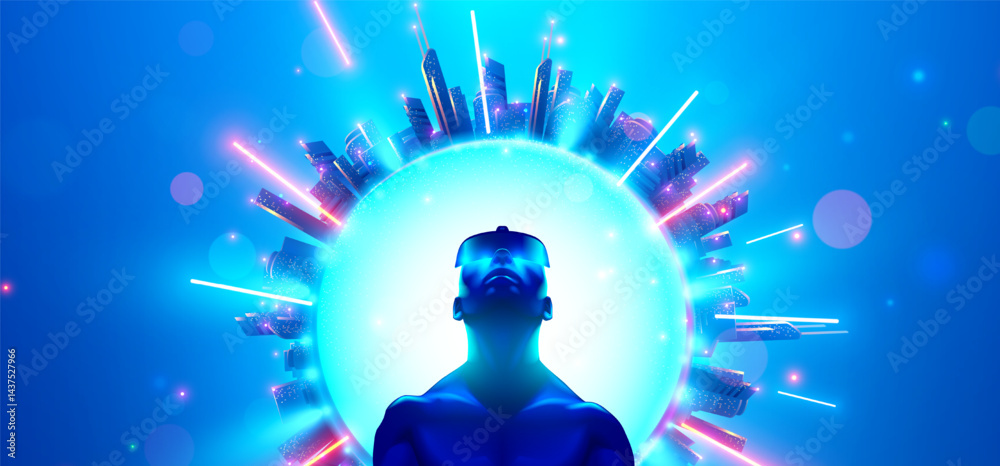 Aufkleber VR man wearing VR glasses looks up at the virtual simulation of a metaverse or city in cyberspace surrounding him. A Virtual reality player wearing a VR headset in an online virtual reality simulation