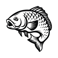 Black and White Fish Silhouette on White Background, Isolated,