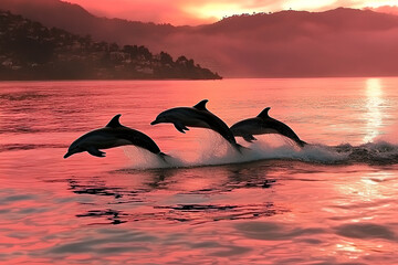 Fototapeta premium A group of dolphins leaping out of the Pacific Ocean at sunset near the coast of California, USA, creating a beautiful and peaceful marine wildlife scene