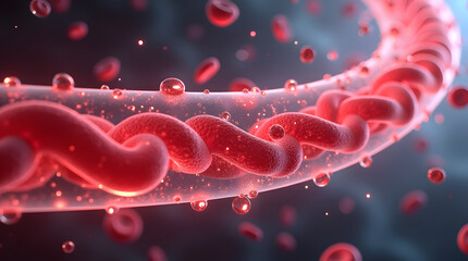 A detailed depiction of red blood cells flowing through a translucent vessel, showcasing vibrant hues and dynamic motion.