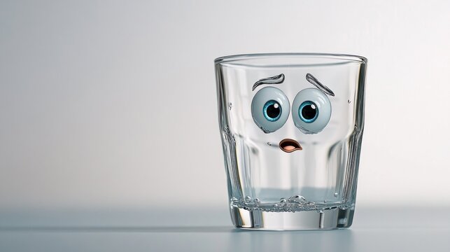 A glass with an emoticon face, conveying a worried or anxious expression.  It's an image of a glass, seemingly empty or nearly empty, with a cartoonish worried face printed on it