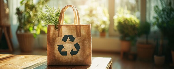 Recycled tote bag with a plant inside