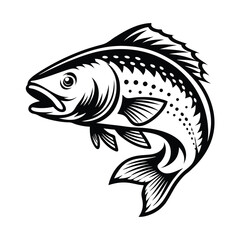 Black and White Fish Leaping Design, Spotted Pattern, Open Mouth, Stylized Fins