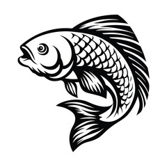 Monochrome Single Fish Leaping, Detailed Scales, Sharp Black and White Lines