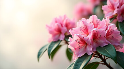 Fototapeta premium Delicate pink azalea flowers in full bloom, showcasing intricate petal details against a soft, blurred background.
