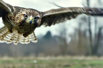 Obraz premium A stunning shot of a Common Buzzard (Buteo buteo) soaring gracefully through the sky, capturing its powerful wingspan and majestic flight