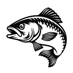 Black and White Isolated Bass, Mouth Open, Fins, Scales, Fish Illustration, Icon