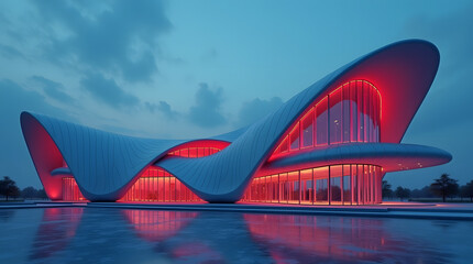 A stunning modern architectural masterpiece glowing in vibrant red hues at dusk, showcasing an innovative and curvy design.
