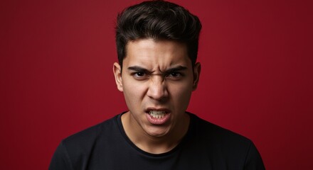 Obraz premium Angry Latino young man portrait isolated on bold red background showing frustration and attitude. Generative AI